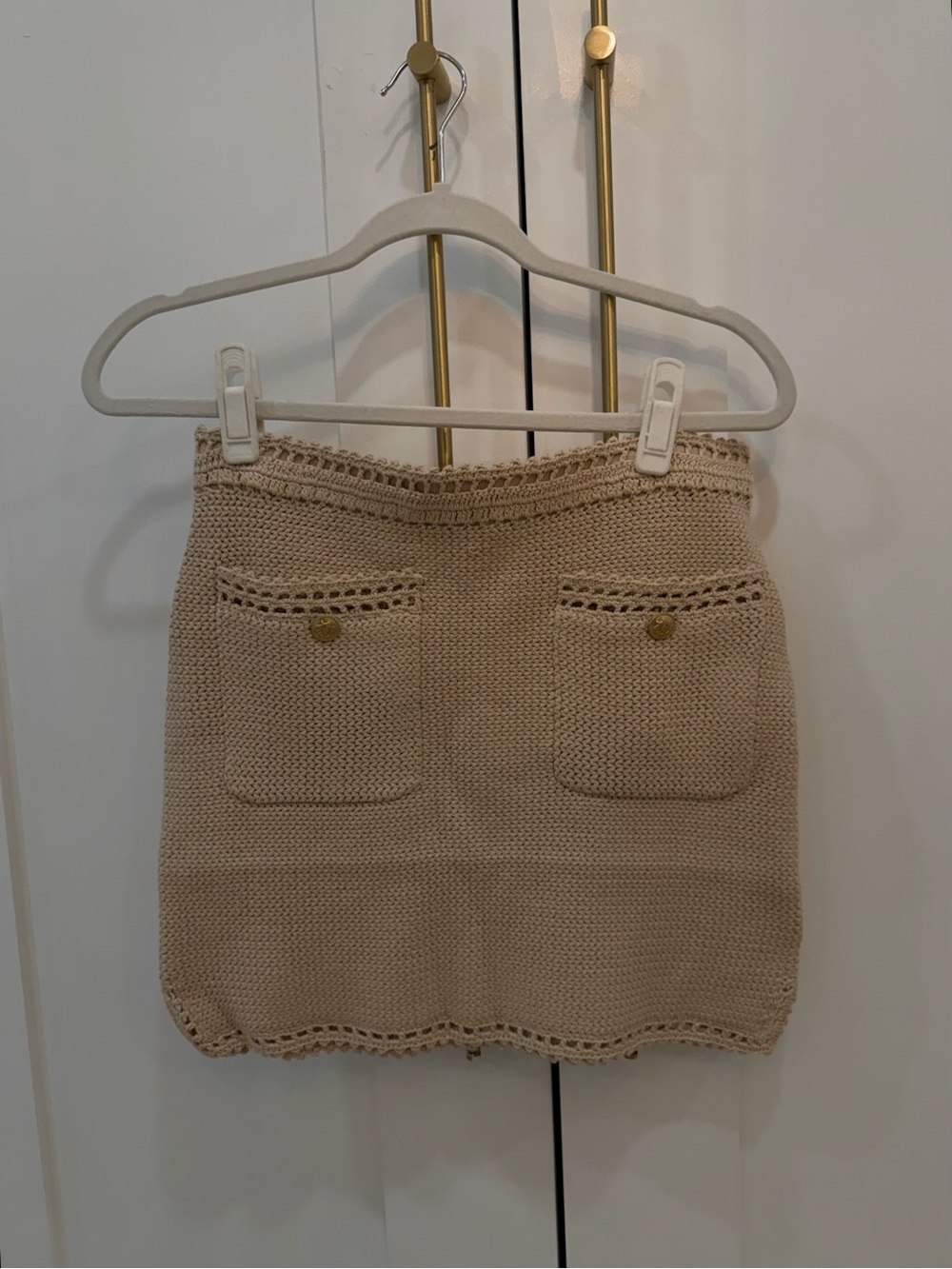 Jcrew Women’s Beige Crochet Knit Mini Skirt - Gold Buttons Brand New Small